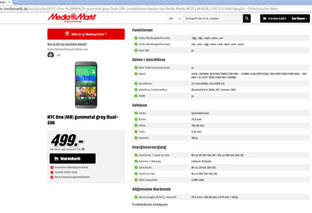 Описание HTC One M8 Dual SIM на сайте немецкого MEDIAMARKT